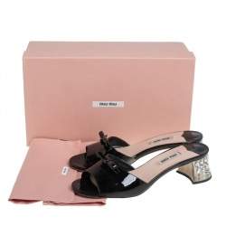 Miu Miu Black Patent Leather Crystal Embellishment Mule Sandals Size 37