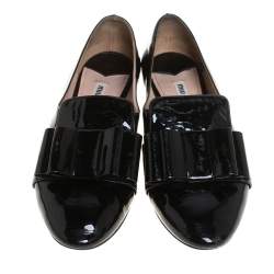 Pre Owned Miu Miu Black Patent Leather Bow Smoking Slippers Size 36.5