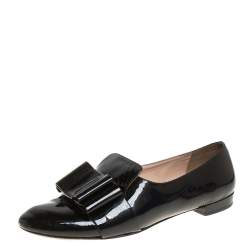 Pre Owned Miu Miu Black Patent Leather Bow Smoking Slippers Size 36.5