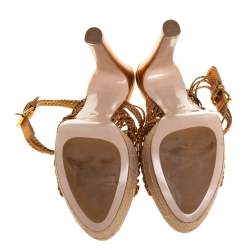 Pre Owned Miu Miu Gold Woven Leather Strappy Platform Espadrille Sandals Size 38