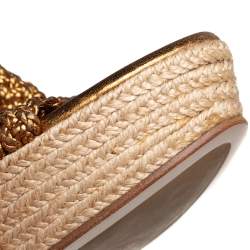 Pre Owned Miu Miu Gold Woven Leather Strappy Platform Espadrille Sandals Size 38