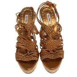 Pre Owned Miu Miu Gold Woven Leather Strappy Platform Espadrille Sandals Size 38