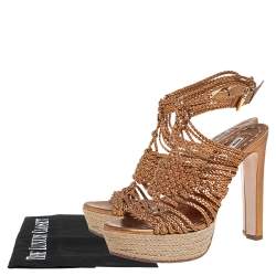 Pre Owned Miu Miu Gold Woven Leather Strappy Platform Espadrille Sandals Size 38