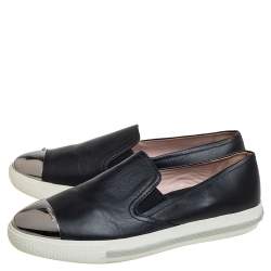 Pre Owned Miu Miu Black Leather Metal Cap Toe Slip On Sneakers Size 38.5 
