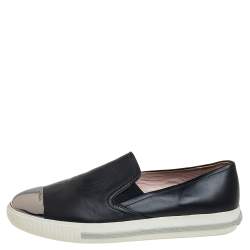 Pre Owned Miu Miu Black Leather Metal Cap Toe Slip On Sneakers Size 38.5 