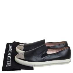 Pre Owned Miu Miu Black Leather Metal Cap Toe Slip On Sneakers Size 38.5 