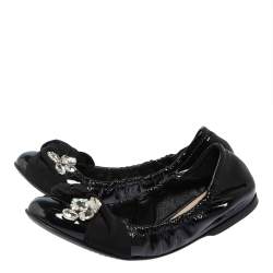 Pre Owned Miu Miu Black Patent Crystal Embellished Scrunch Ballet Flats Size 37.5