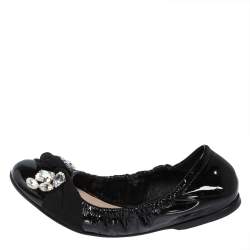 Pre Owned Miu Miu Black Patent Crystal Embellished Scrunch Ballet Flats Size 37.5