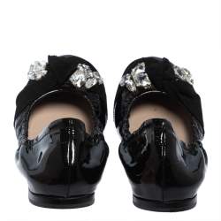 Pre Owned Miu Miu Black Patent Crystal Embellished Scrunch Ballet Flats Size 37.5