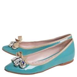 Pre Owned Miu Miu  Blue Patent Leather Embellished Ballet Flats Size 36.5