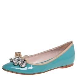 Pre Owned Miu Miu  Blue Patent Leather Embellished Ballet Flats Size 36.5