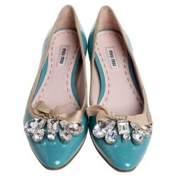 Pre Owned Miu Miu  Blue Patent Leather Embellished Ballet Flats Size 36.5