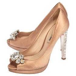 Miu Miu Pink Satin Crystal Embellished Heel Peep Toe Platform Pumps Size 37