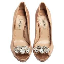 Miu Miu Pink Satin Crystal Embellished Heel Peep Toe Platform Pumps Size 37