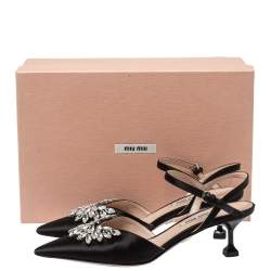 Pre Owned Miu Miu Black Satin Crystal Embellished Kitten Heel Ankle Strap Sandals Size 37