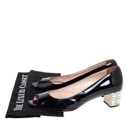 مملوكة مسبقًا Miu Miu Black Patent Leather Crystal Embellished Block Heel Peep Toe Pumps Size 38