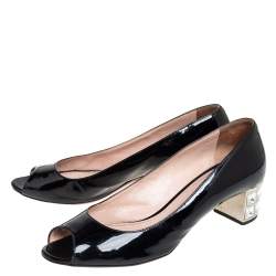 مملوكة مسبقًا Miu Miu Black Patent Leather Crystal Embellished Block Heel Peep Toe Pumps Size 38