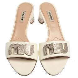 Miu Miu White Patent Leather Embellished Sandals Size 37.5