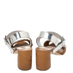 Miu Miu Brown/Metallic Silver Patent Leather and Leather Crystal Embellished Block Heel Ankle Strap Sandals Size 38.5
