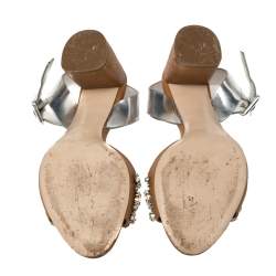 Miu Miu Brown/Metallic Silver Patent Leather and Leather Crystal Embellished Block Heel Ankle Strap Sandals Size 38.5