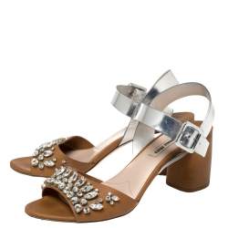 Miu Miu Brown/Metallic Silver Patent Leather and Leather Crystal Embellished Block Heel Ankle Strap Sandals Size 38.5