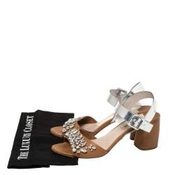 Miu Miu Brown/Metallic Silver Patent Leather and Leather Crystal Embellished Block Heel Ankle Strap Sandals Size 38.5