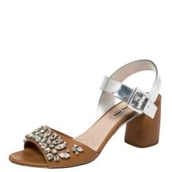 Miu Miu Brown/Metallic Silver Patent Leather and Leather Crystal Embellished Block Heel Ankle Strap Sandals Size 38.5