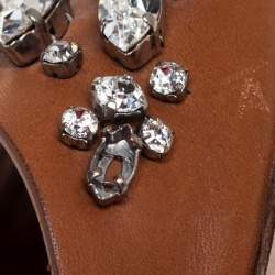 Miu Miu Brown/Metallic Silver Patent Leather and Leather Crystal Embellished Block Heel Ankle Strap Sandals Size 38.5