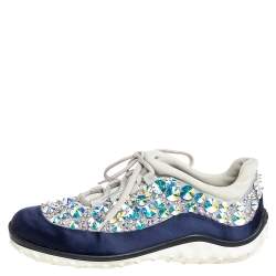 مملوكة مسبقًا Miu Miu Blue/Grey Satin And Mesh Astro Low Top Sneakers Size 37