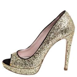 Miu Miu Gold/Black Glitter And Suede Peep Toe Platform Pumps Size 38