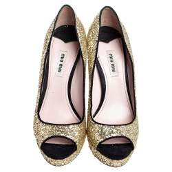 Miu Miu Gold/Black Glitter And Suede Peep Toe Platform Pumps Size 38