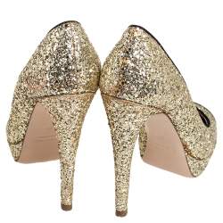 Miu Miu Gold/Black Glitter And Suede Peep Toe Platform Pumps Size 38