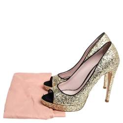 Miu Miu Gold/Black Glitter And Suede Peep Toe Platform Pumps Size 38