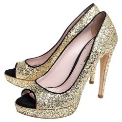 Miu Miu Gold/Black Glitter And Suede Peep Toe Platform Pumps Size 38
