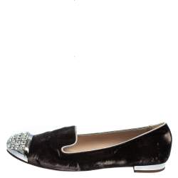 Pre Owned Miu Miu Brown Velvet Embellished Smoking Slippers Size 38.5