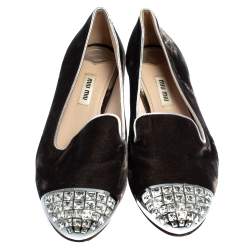 Pre Owned Miu Miu Brown Velvet Embellished Smoking Slippers Size 38.5