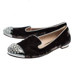 Pre Owned Miu Miu Brown Velvet Embellished Smoking Slippers Size 38.5