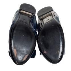 Pre Owned Miu Miu Navy Blue Patent Leather Bow Detail Crystal Embellished Heel Scrunch Ballet Flats Size 40