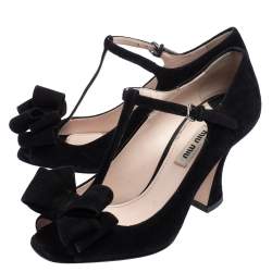 Miu Miu Black Suede Bow T-Strap Sandals Size 36
