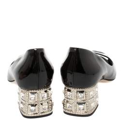 Pre Owned Miu Miu Black Patent Leather Crystal Embellished Heel Peep Toe Pumps 37.5