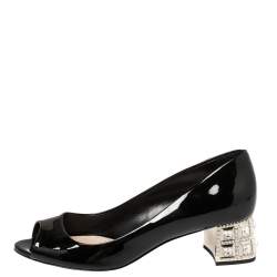 Pre Owned Miu Miu Black Patent Leather Crystal Embellished Heel Peep Toe Pumps 37.5