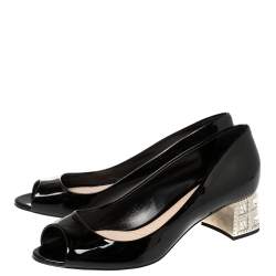 Pre Owned Miu Miu Black Patent Leather Crystal Embellished Heel Peep Toe Pumps 37.5