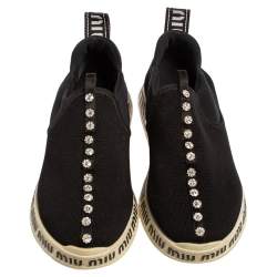Pre Owned Miu Miu Black Stretch Knit Crystal Embellished Run Sneakers Size 36.5
