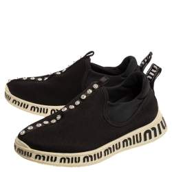 Pre Owned Miu Miu Black Stretch Knit Crystal Embellished Run Sneakers Size 36.5