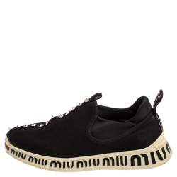 Pre Owned Miu Miu Black Stretch Knit Crystal Embellished Run Sneakers Size 36.5