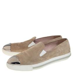 Pre Owned Miu Miu Beige Suede Metal Cap Toe Platform Slip On Sneakers Size 41