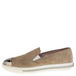 Pre Owned Miu Miu Beige Suede Metal Cap Toe Platform Slip On Sneakers Size 41