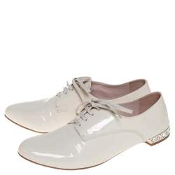 Miu Miu Cream Patent Leather Crystal Embellished Heel Lace Derby Size 38