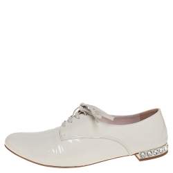 Miu Miu Cream Patent Leather Crystal Embellished Heel Lace Derby Size 38