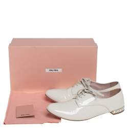 Miu Miu Cream Patent Leather Crystal Embellished Heel Lace Derby Size 38